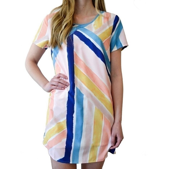 MINKPINK Mara Tee Multicolored Abstract Short Sleeve Mini Dress Pink Blue XS - Picture 2 of 7